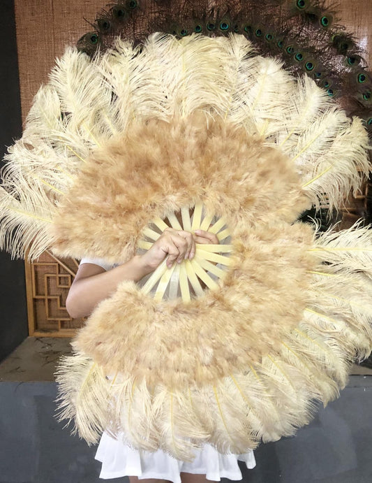 wheat Marabou Ostrich Feather fan 21"x 38" with Travel leather Bag.