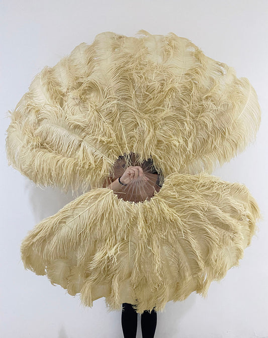 XL 2 Layers wheat Ostrich Feather Fan 34''x 60'' with Travel leather Bag.