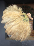 Load image into Gallery viewer, A pair wheat Single layer Ostrich Feather fan 24"x 41" with leather travel Bag.
