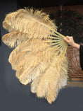 Load image into Gallery viewer, A pair wheat Single layer Ostrich Feather fan 24"x 41" with leather travel Bag.
