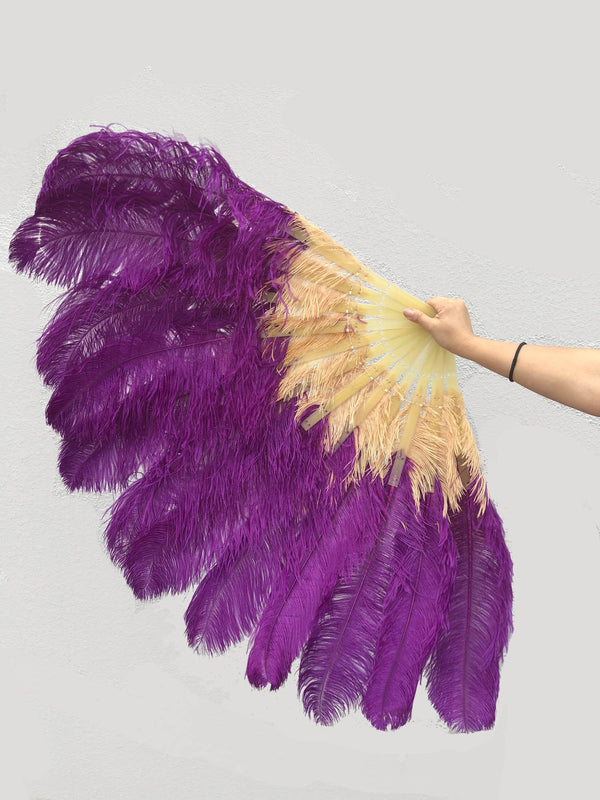 Mix dark purple & wheat 2 Layers Ostrich Feather Fan 30''x 54'' with Travel leather Bag.