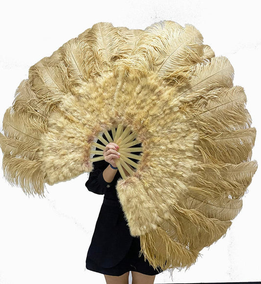 Wheat Ostrich & Marabou Feathers fan 27"x 53" with Travel leather Bag.