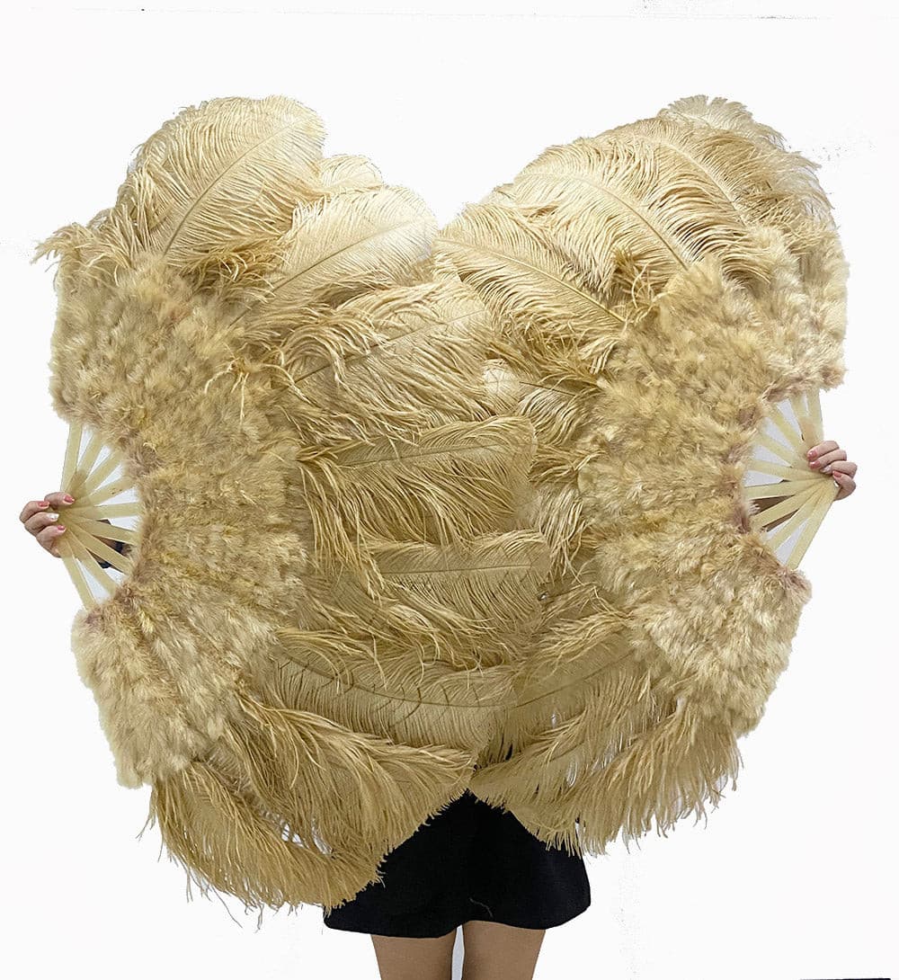 Wheat Ostrich & Marabou Feathers fan 27"x 53" with Travel leather Bag.