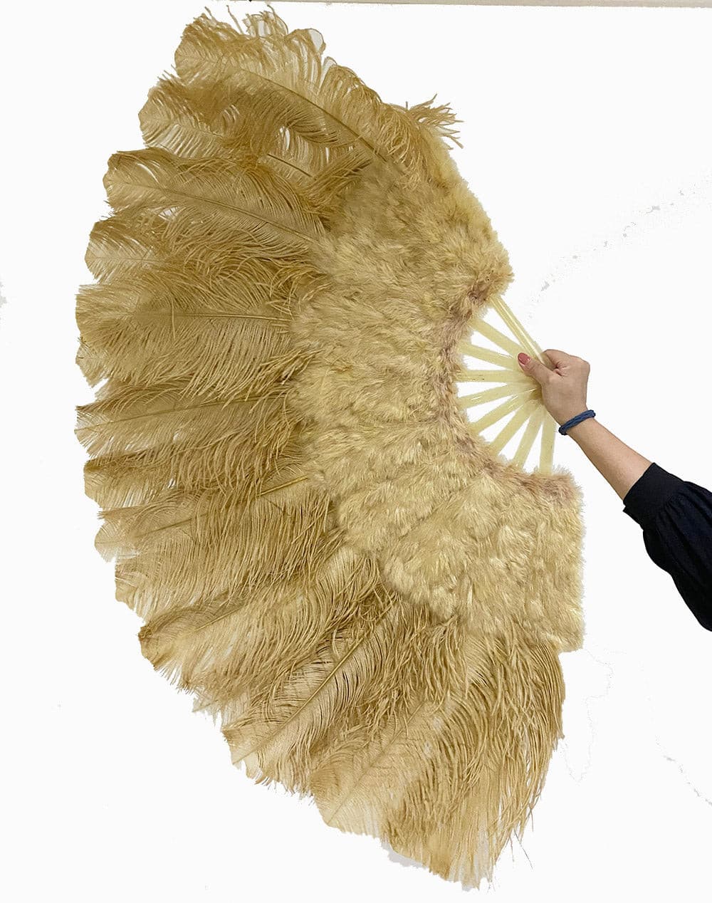 Wheat Ostrich & Marabou Feathers fan 27"x 53" with Travel leather Bag.