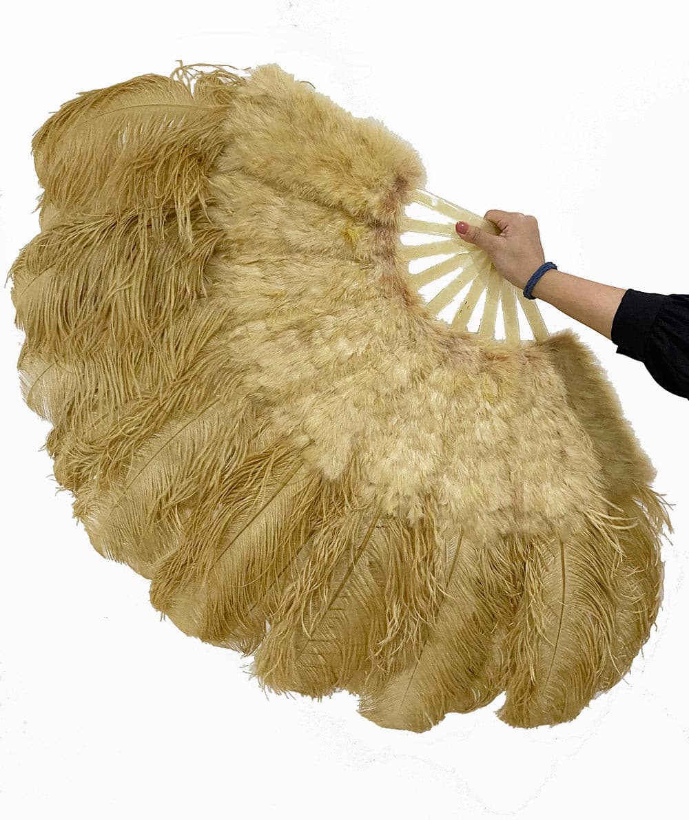 Wheat Ostrich & Marabou Feathers fan 27"x 53" with Travel leather Bag.