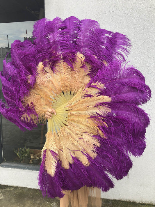 Mix dark purple & wheat 2 Layers Ostrich Feather Fan 30''x 54'' with Travel leather Bag.