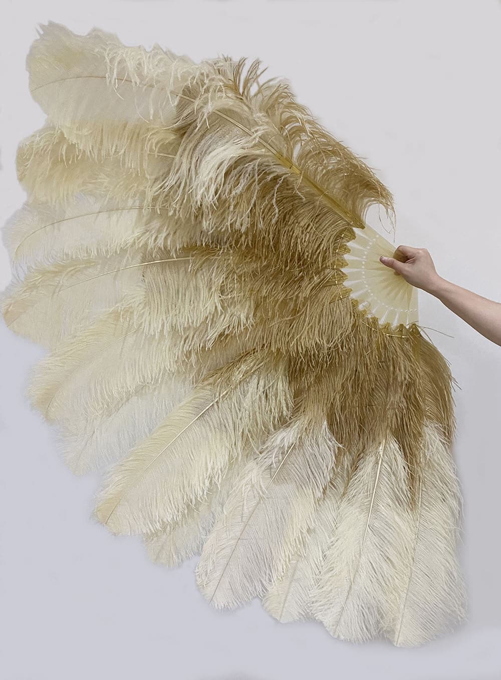 Mix wheat & beige XL 2 Layer Ostrich Feather Fan 34''x 60'' with Travel leather Bag.