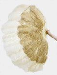 Load image into Gallery viewer, Mix wheat & beige XL 2 Layer Ostrich Feather Fan 34''x 60'' with Travel leather Bag.
