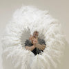 White single layer Ostrich Feather Fan Full open 180 ° with Travel leather Bag.