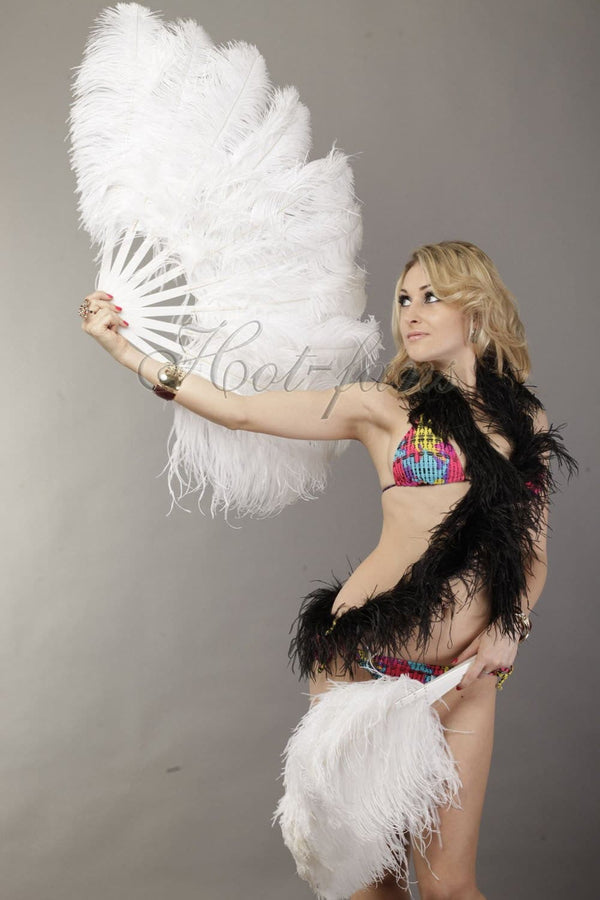 A pair white Single layer Ostrich Feather fan 24