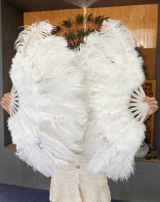 White Marabou Ostrich Feather fan 21"x 38" with Travel leather Bag.