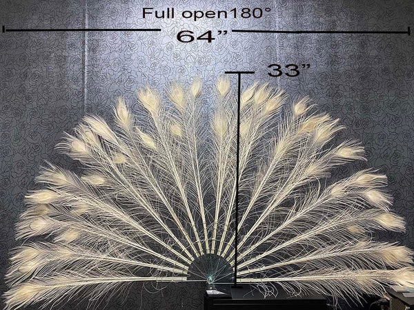 White peacock feather fan with Travel leather Bag.