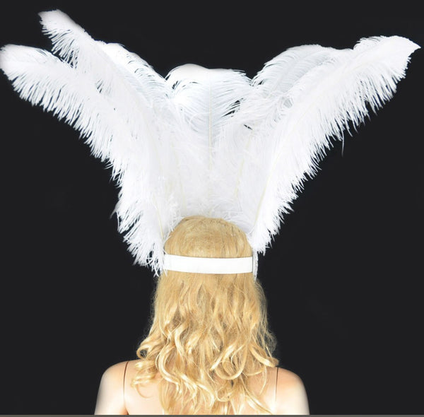 白いショーガール オープン フェイス ダチョウの羽の頭飾り。