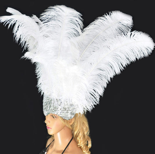 white Showgirl Open Face Ostrich feather Headdress.