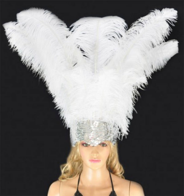 Weißer Showgirl-Kopfschmuck aus Straußenfedern mit offenem Gesicht.