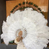 Abanico de plumas de avestruz de marabú blanco de 21&quot;x 38&quot; con bolsa de viaje de cuero.