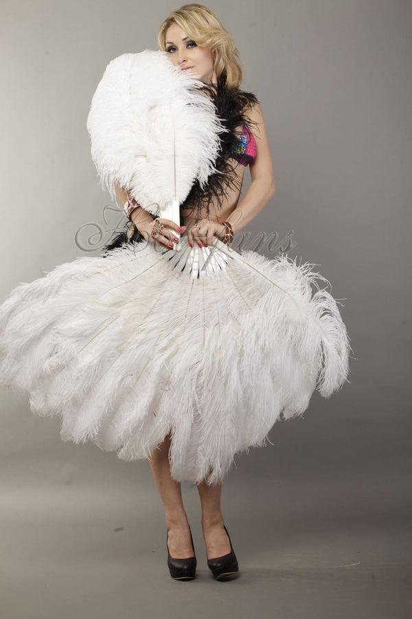 2 layers white Ostrich Feather Fan 30
