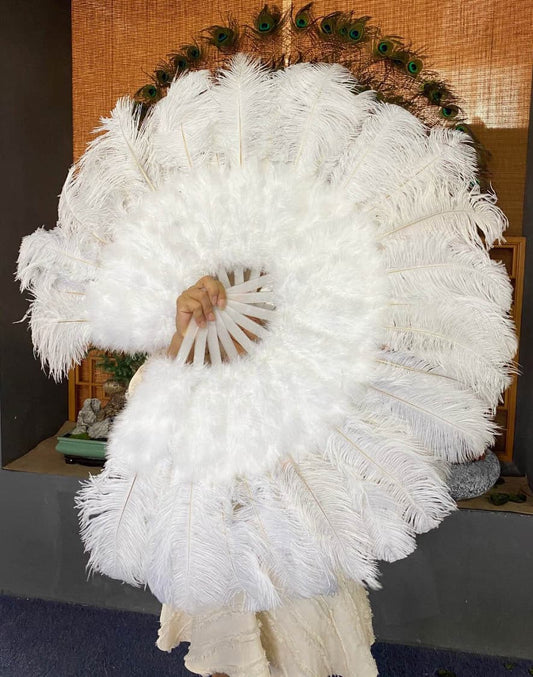 White Marabou Ostrich Feather fan 21"x 38" with Travel leather Bag.