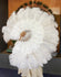 Abanico de plumas de avestruz de marabú blanco de 21&quot;x 38&quot; con bolsa de viaje de cuero.