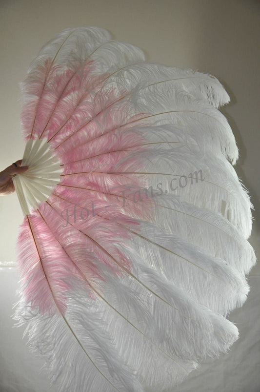 Mix white & pink 2 Layers Ostrich Feather Fan 30''x 54'' with Travel leather Bag.