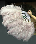 Load image into Gallery viewer, A pair beige wood Single layer Ostrich Feather fan 24"x 41" with leather travel Bag.
