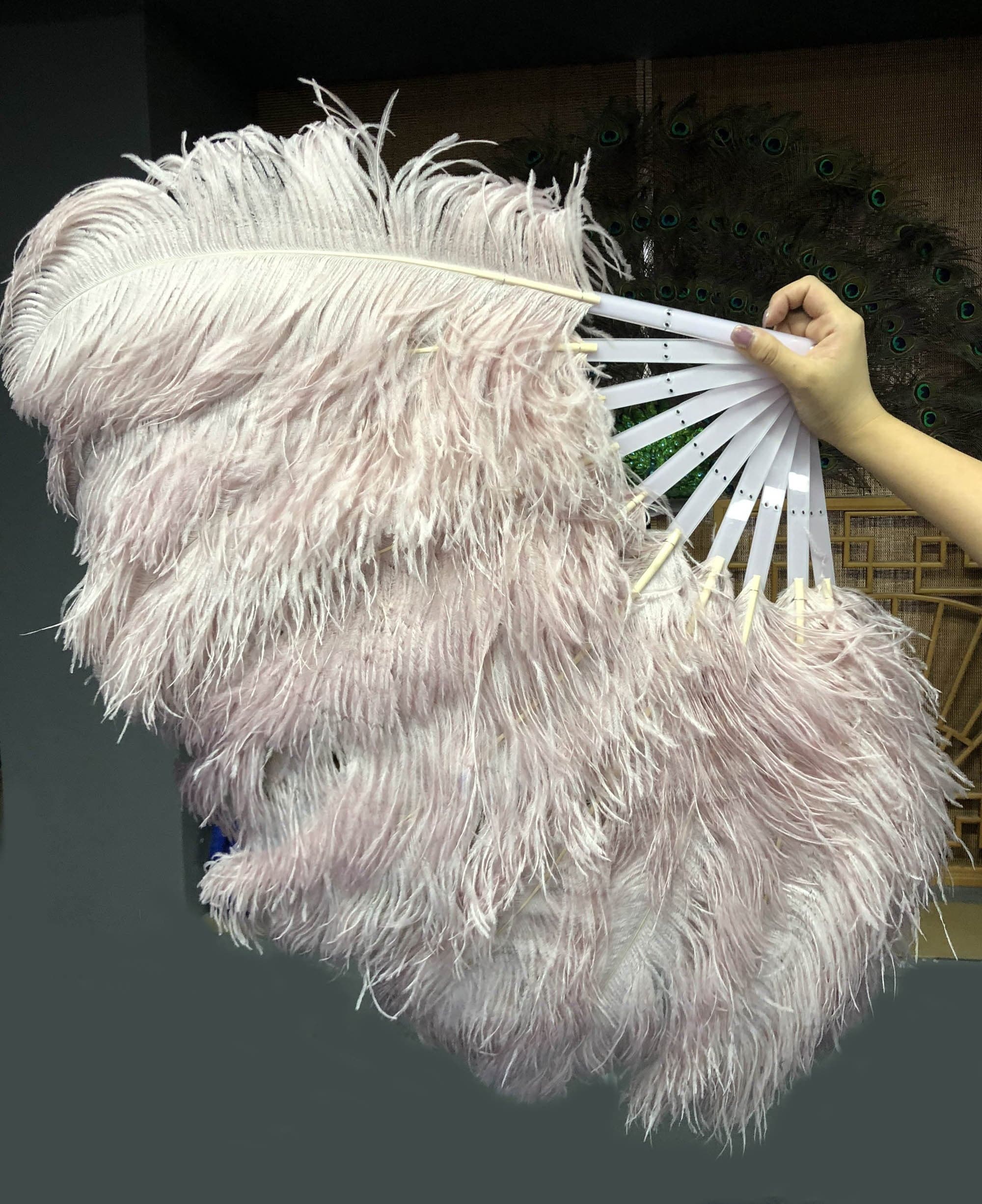 A pair beige wood Single layer Ostrich Feather fan 24"x 41" with leather travel Bag.