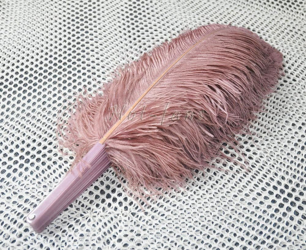 beige wood single layer Ostrich Feather Fan with leather travel Bag 25