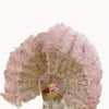 Abanico de plumas de avestruz de marabú de madera beige de 21&quot;x 38&quot; con bolsa de viaje de cuero.