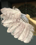 Load image into Gallery viewer, A pair beige wood Single layer Ostrich Feather fan 24"x 41" with leather travel Bag.
