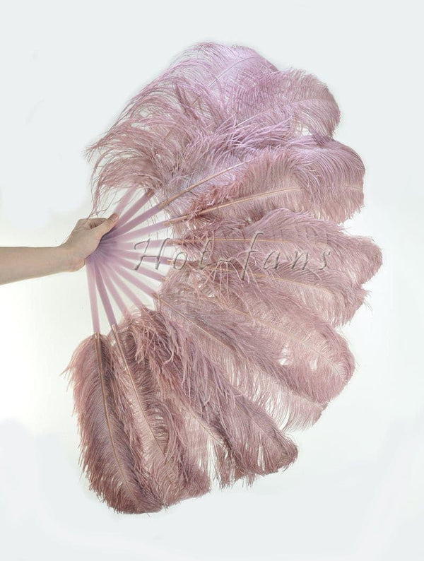 beige wood single layer Ostrich Feather Fan with leather travel Bag 25"x 45".