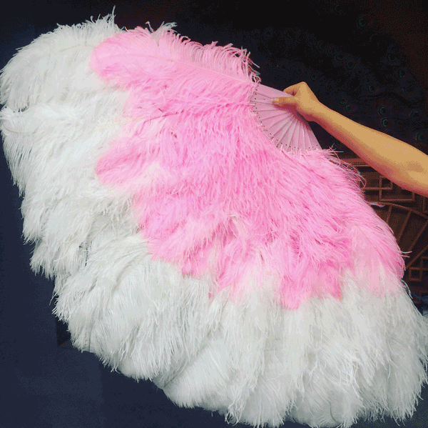 Abanico de plumas de avestruz XL de 2 capas, color blanco y rosa, de 34&#39;&#39;x 60&#39;&#39; con bolsa de viaje de cuero.