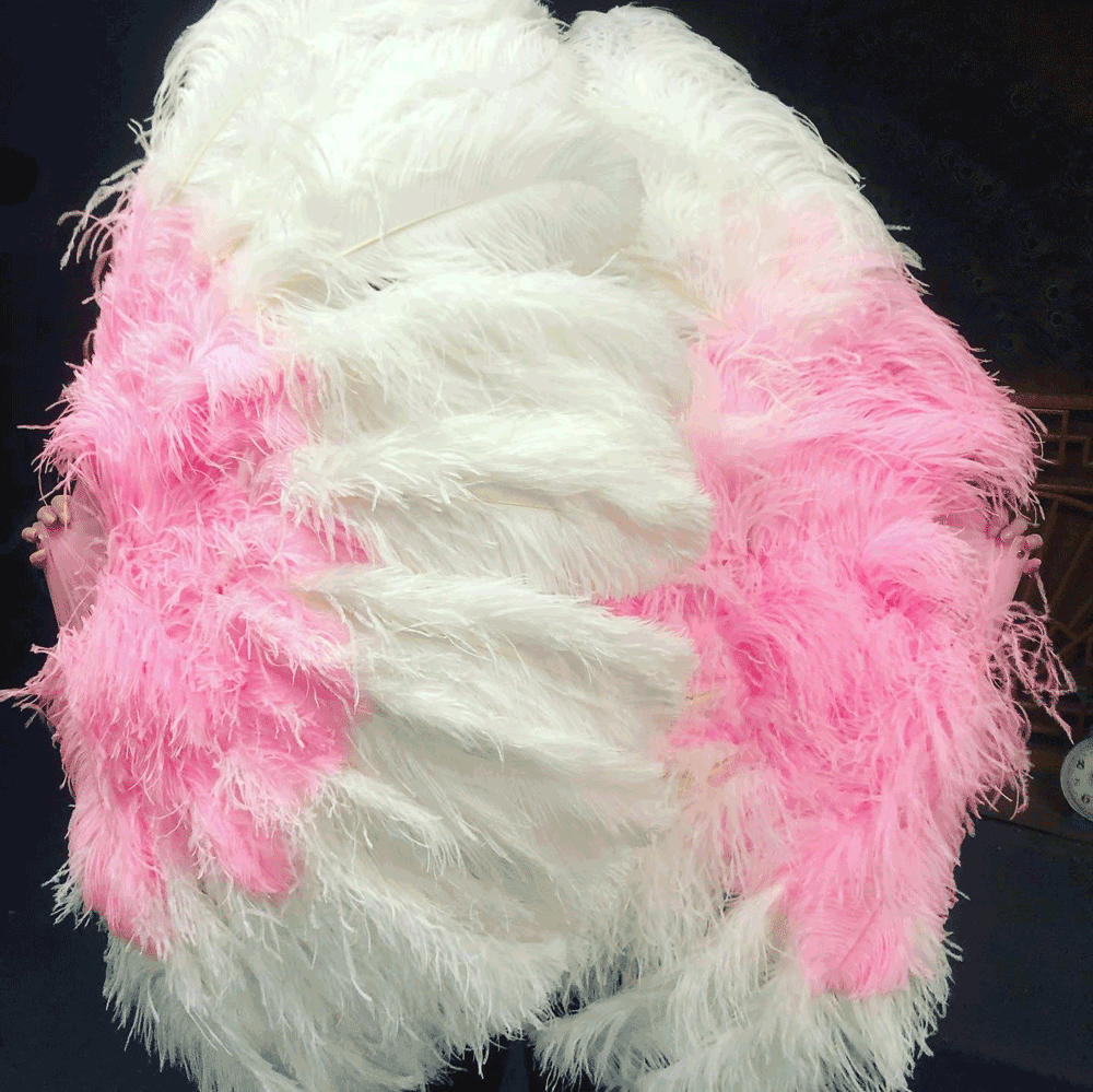 Mix white & pink XL 2 Layer Ostrich Feather Fan 34''x 60'' with Travel leather Bag.