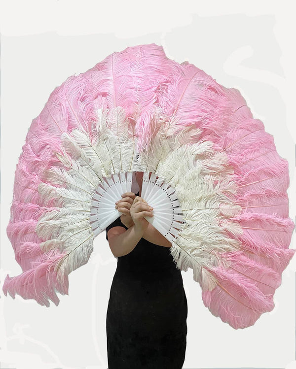 Abanico de plumas de avestruz de 2 capas, mezcla de rosa y blanco, 30''x 54'' con bolsa de viaje de cuero.