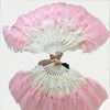 Abanico de plumas de avestruz de 2 capas en color rosa y blanco mixto de 30&#39;&#39;x 54&#39;&#39; con bolsa de cuero de viaje.