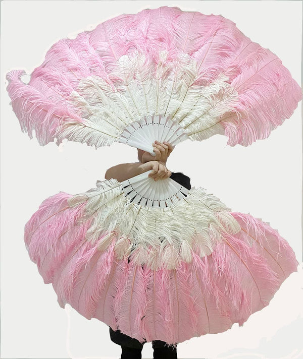 Mixed pink & white 2 Layers Ostrich Feather Fan 30''x 54'' with Travel leather Bag.