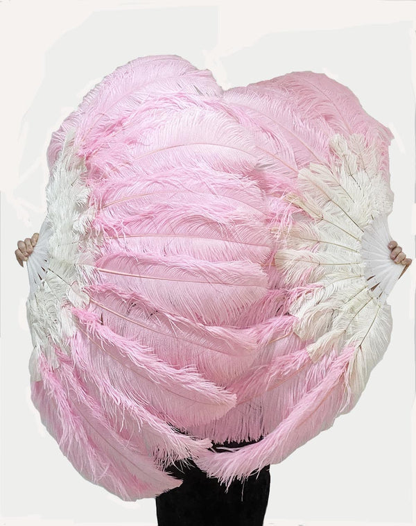 Abanico de plumas de avestruz de 2 capas en color rosa y blanco mixto de 30&#39;&#39;x 54&#39;&#39; con bolsa de cuero de viaje.