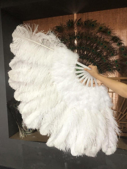 white Ostrich & Marabou Feathers fan 27"x 53" with Travel leather Bag.