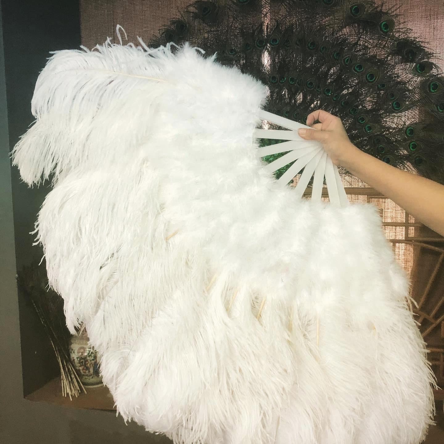 hotfans White Ostrich & Marabou Feathers Fan 27x 53 with Travel Leather Bag for A Pair