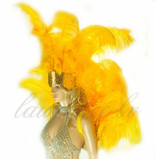 Golden Yellow Ostrich Feather Open Face Headdress & backpiece Set.