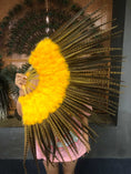 Load image into Gallery viewer, yellow Marabou & Pheasant Feather Fan 29"x 53" with Travel leather Bag.
