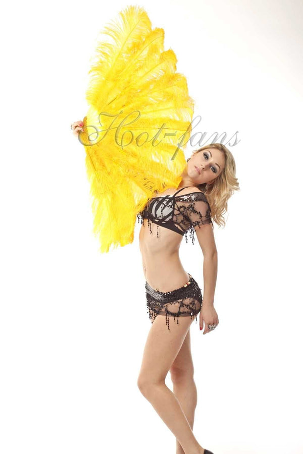 2 layers gold yellow Ostrich Feather Fan 30