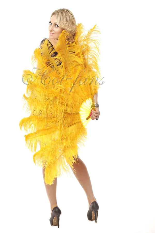 2 layers gold yellow Ostrich Feather Fan 30