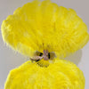 XL 2 Layers yellow Ostrich Feather Fan 34''x 60'' with Travel leather Bag.
