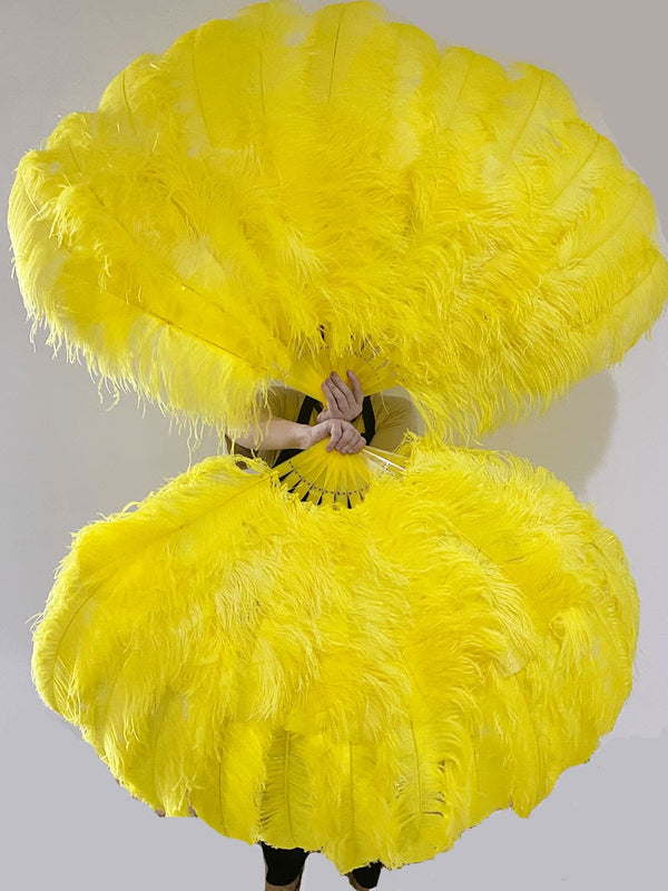 Ventilador de pena de avestruz amarelo XL 2 camadas 34&#39;&#39;x 60&#39;&#39; com bolsa de couro de viagem.