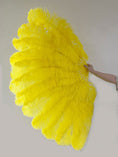 Load image into Gallery viewer, XL 2 Layers yellow Ostrich Feather Fan 34''x 60'' with Travel leather Bag.
