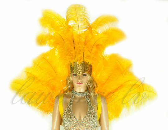 ゴールデンイエローのダチョウの羽のオープンフェイスヘッドドレスとバックピースのセット。