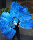 Load image into Gallery viewer, A pair blue Single layer Ostrich Feather fan 24"x 41" with leather travel Bag.
