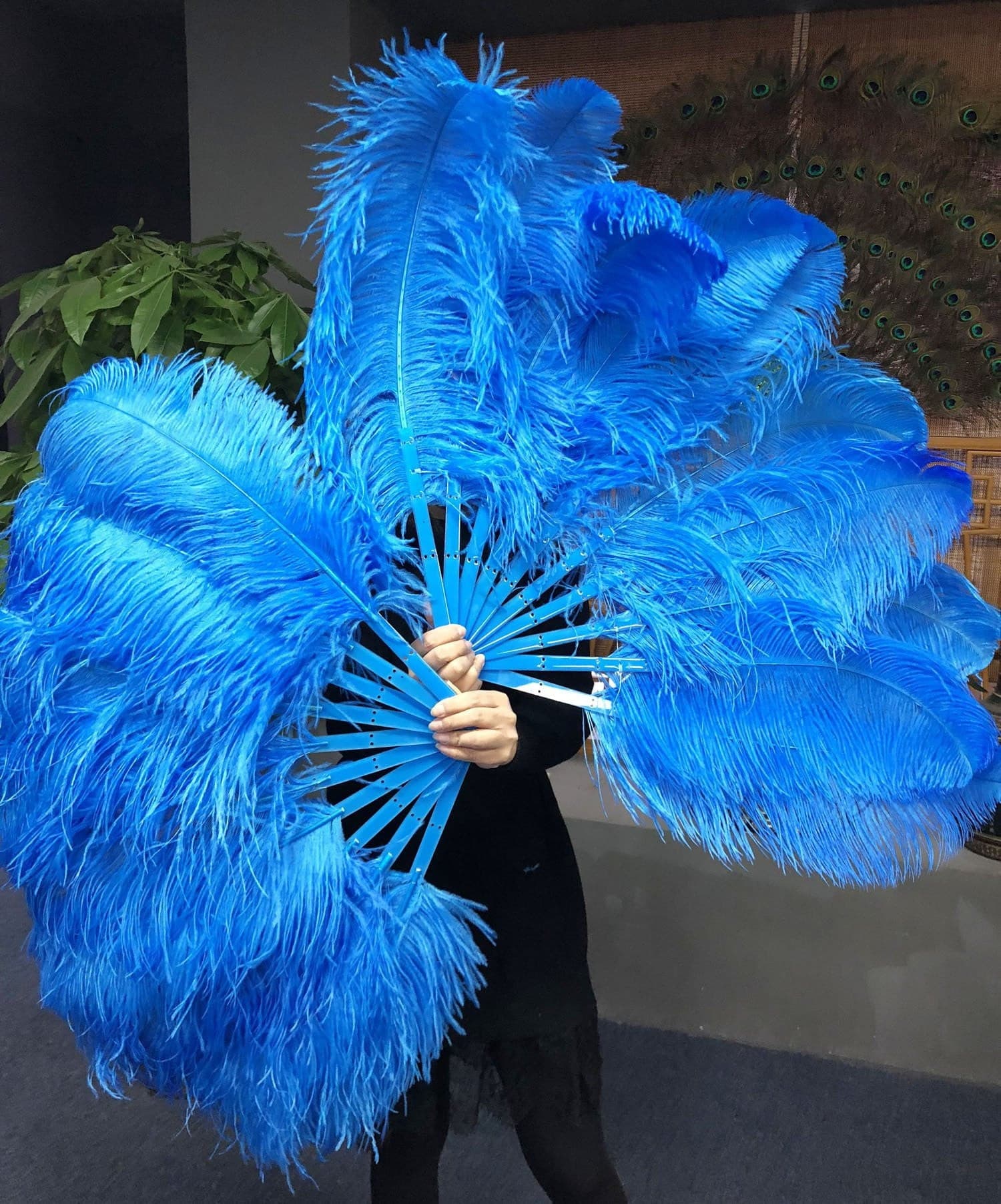 A pair blue Single layer Ostrich Feather fan 24"x 41" with leather travel Bag.